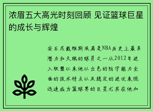 浓眉五大高光时刻回顾 见证篮球巨星的成长与辉煌